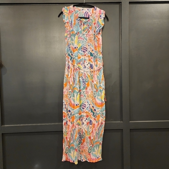 Banjanan midi v neck front ruffle floral sleeveless colorful cotton gauze dress - Picture 1 of 11